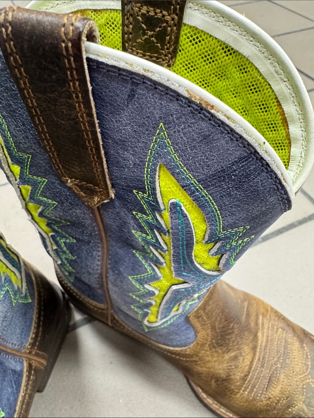 Ariat Brown Leather Kids Cowboy Boots with Blue & Lime Accents - Picture 5 of 5